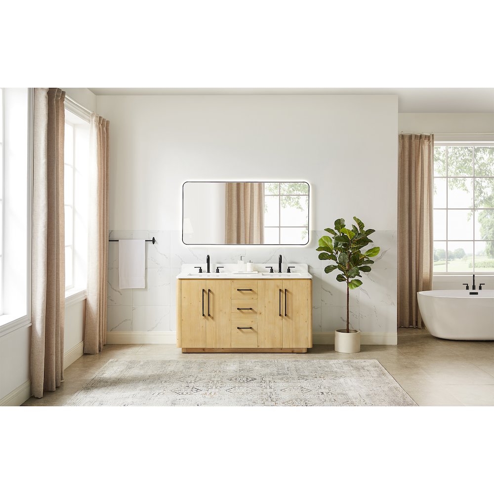 60" Double Bathroom Vanity in Nature Brown with Grain White. Picture 14