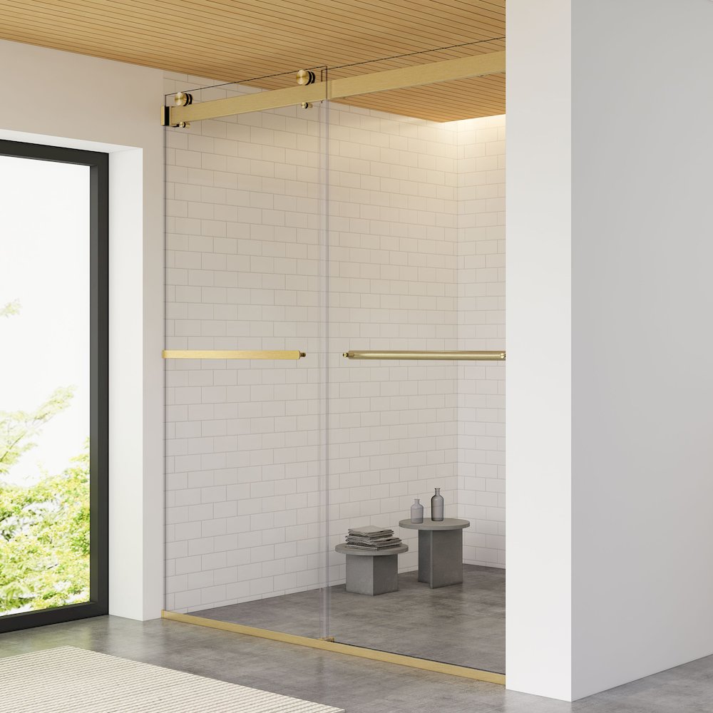 By Pass Frameless Shower Door in Brushed Gold with Clear Glass. Picture 5