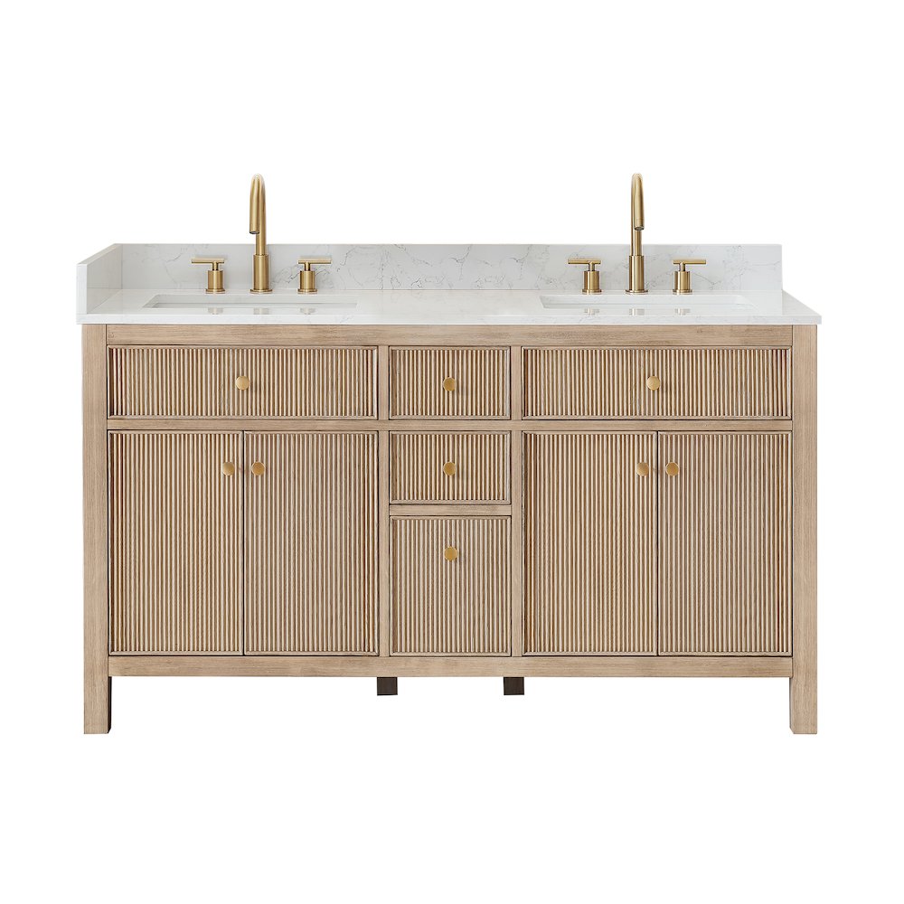 Double Bathroom Vanity in Nature Oak Grain White Engineered Stone Countertop. Picture 1
