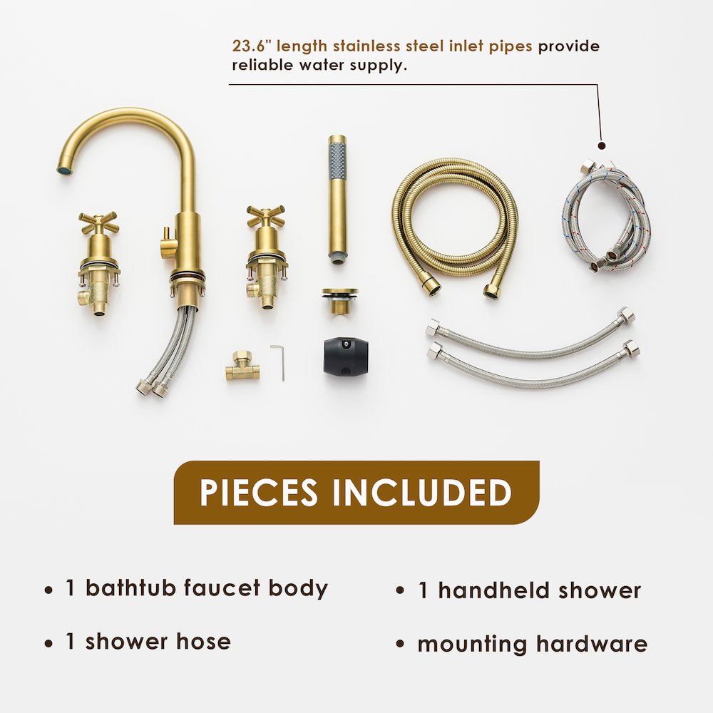 Cross Handles Deck-Mount Roman Tub Faucet in Brushed Gold with Handshower. Picture 14