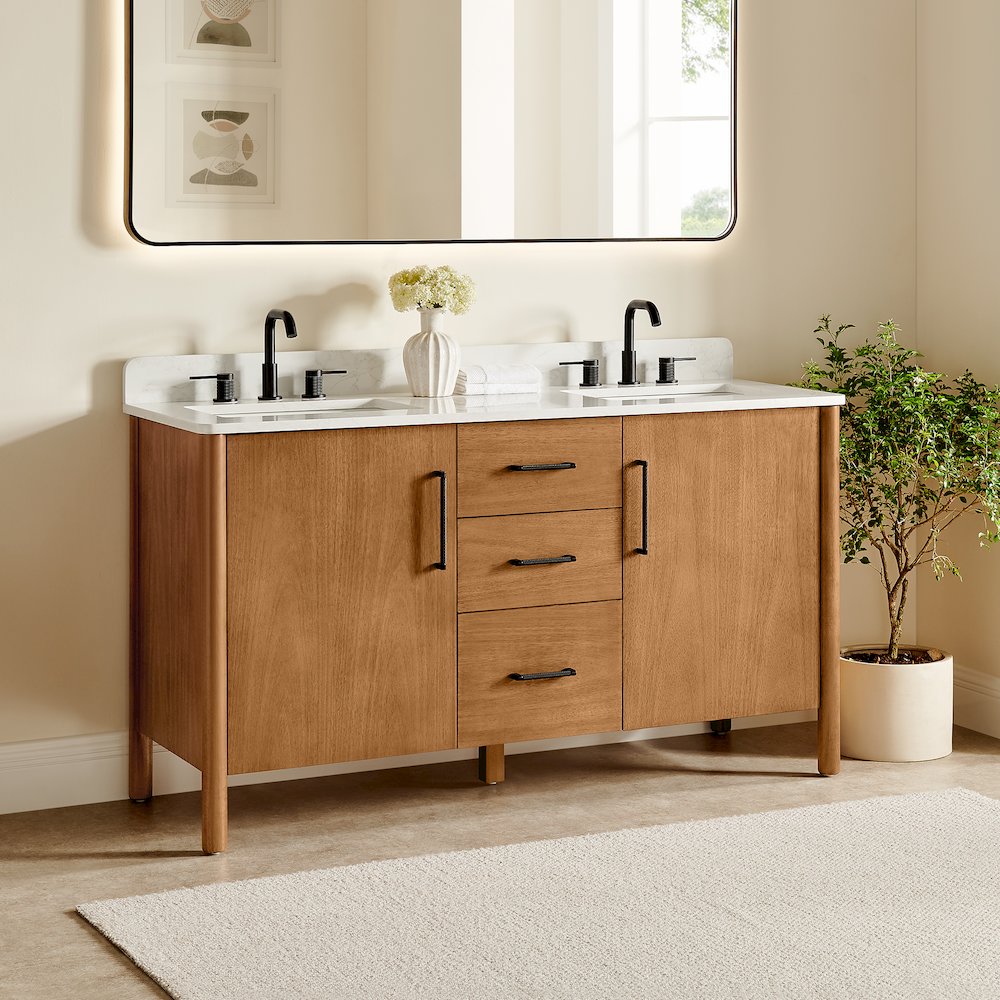 60" Double Bathroom Vanity in Mango Brown with Grain White. Picture 3