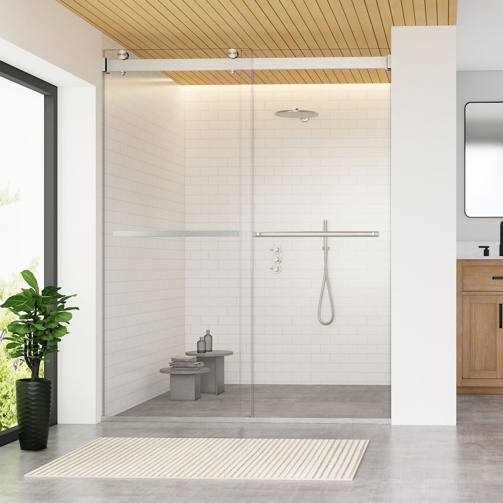 Pass Frameless Shower Door in Brushed Nickel with Clear Glass. Picture 3