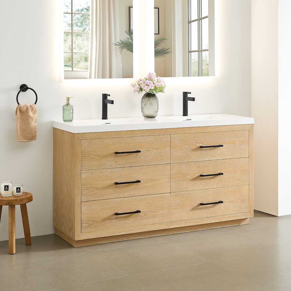 60" Double Bathroom Vanity in White Oak with White Artificial Drop-in Sink. Picture 3