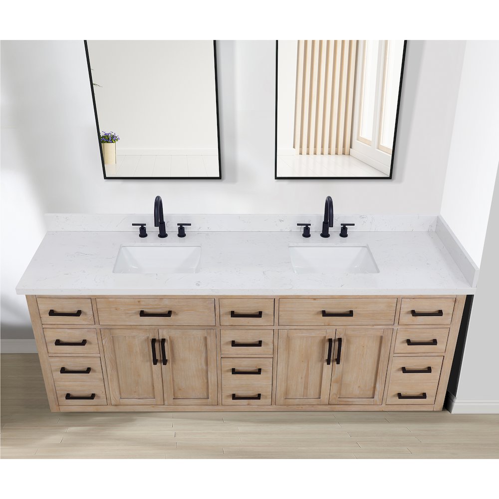 Oderzo 84. in Engineered Stone Vanity Top in Aosta White with White Sink. Picture 7