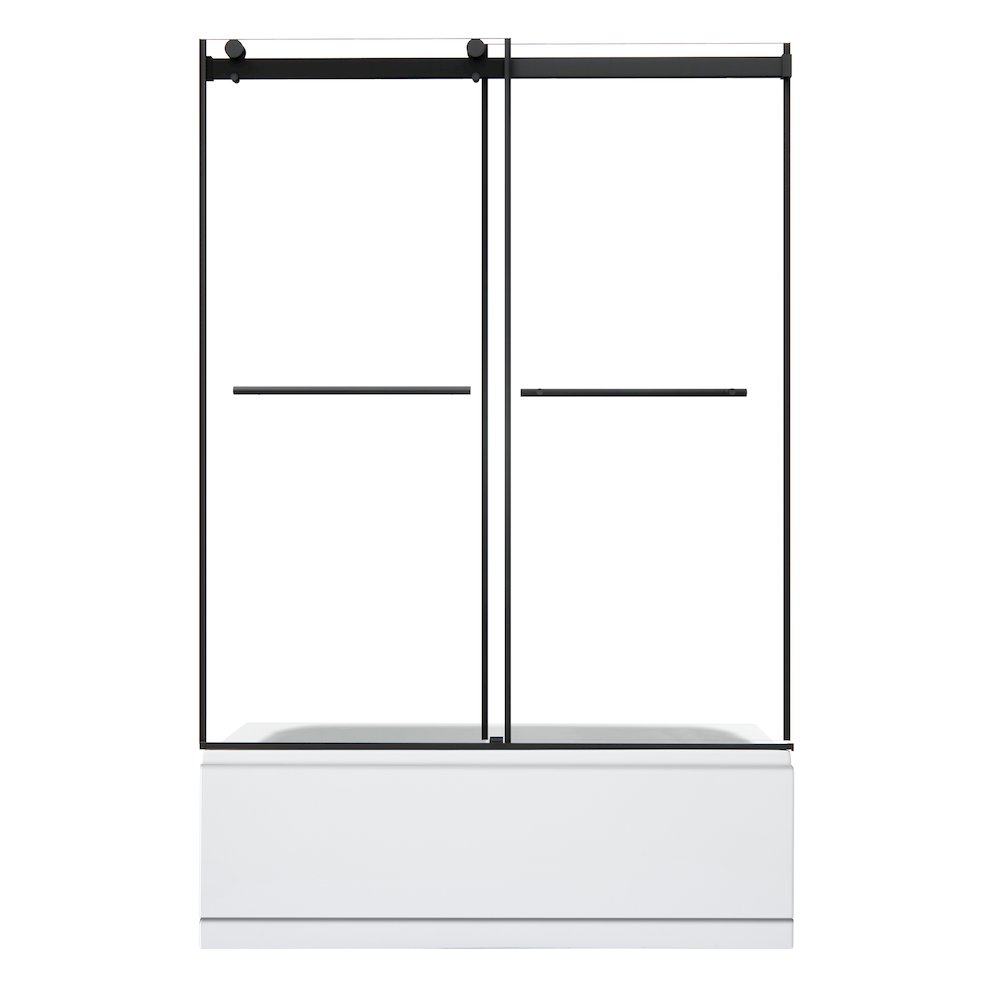 Frameless Exposed Roller Tub Door in Matte Black with Clear Glass. Picture 1