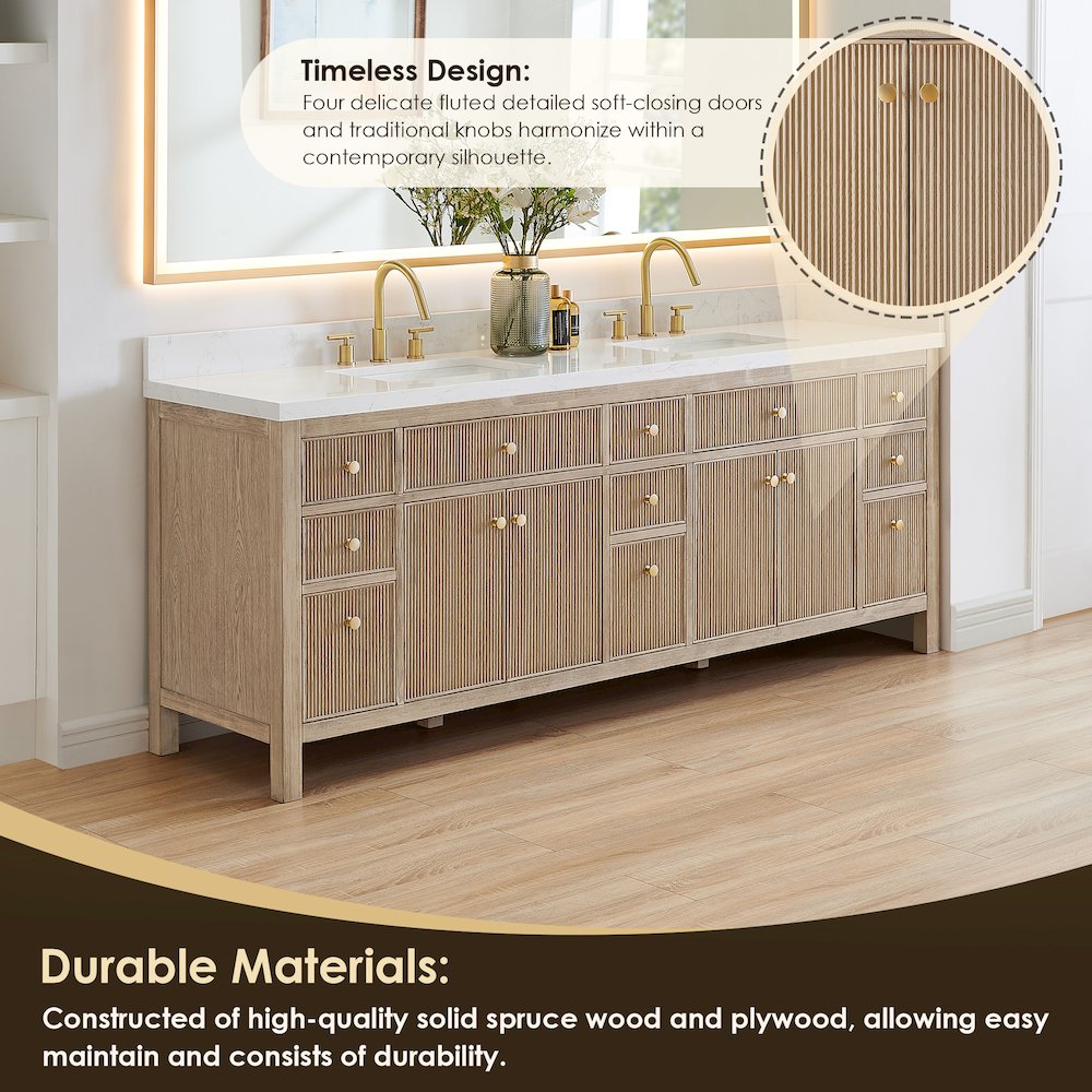 Double Bathroom Vanity in Nature Oak Grain White Engineered Stone Countertop. Picture 6
