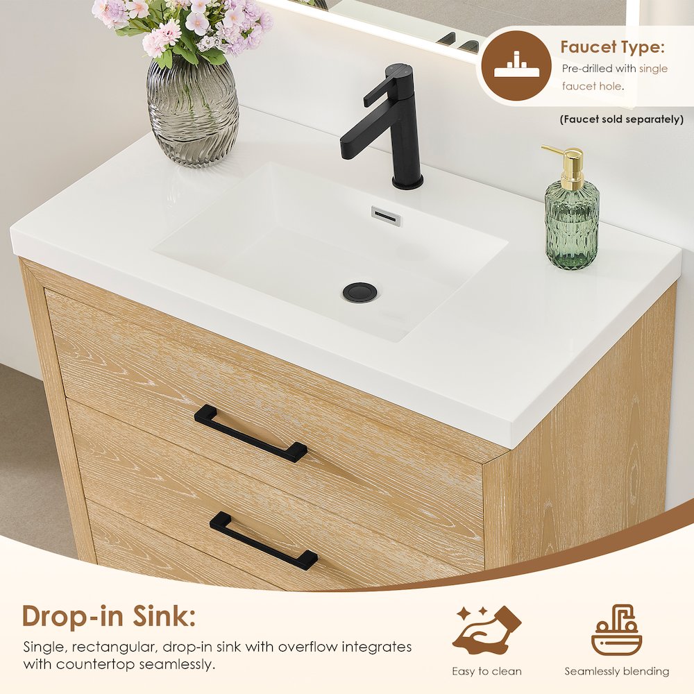 36" Single Bathroom Vanity in White Oak with White Artificial Drop-in Sink. Picture 5
