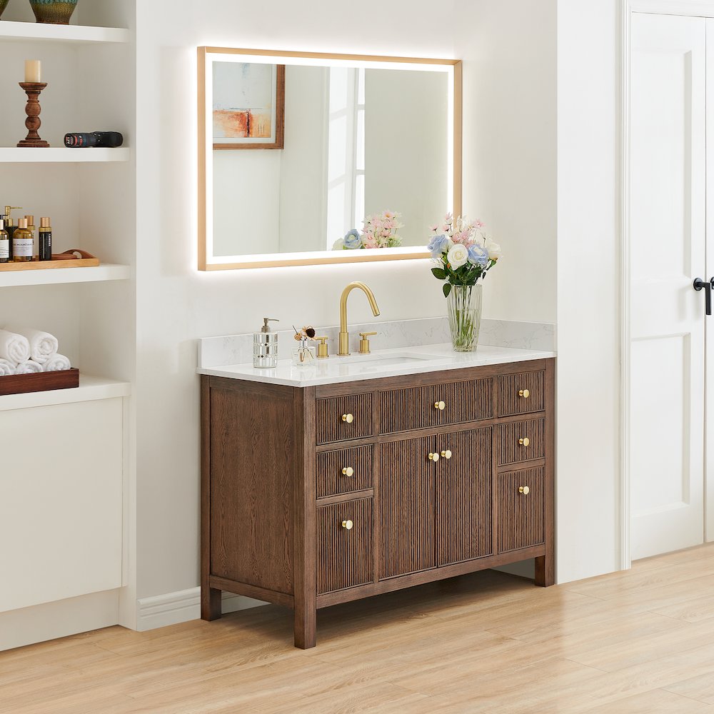 Single Bathroom Vanity in Brown Oak Grain White Engineered Stone Countertop. Picture 3