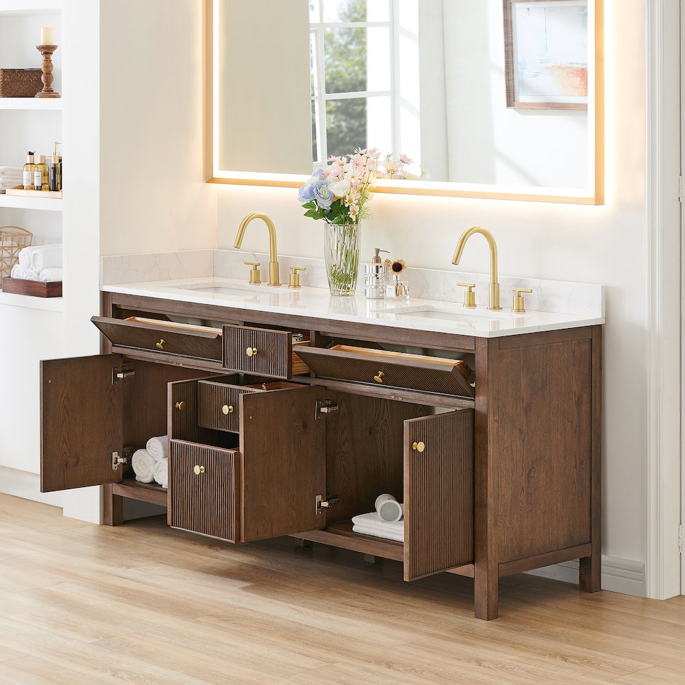 Double Bathroom Vanity in Brown Oak Grain White Engineered Stone Countertop. Picture 7
