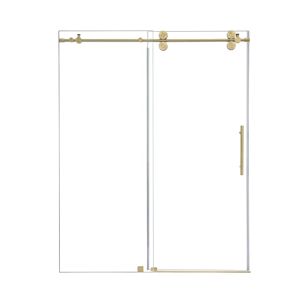 Single Sliding Frameless Shower Door in Brushed Gold with Clear Glass. Picture 1