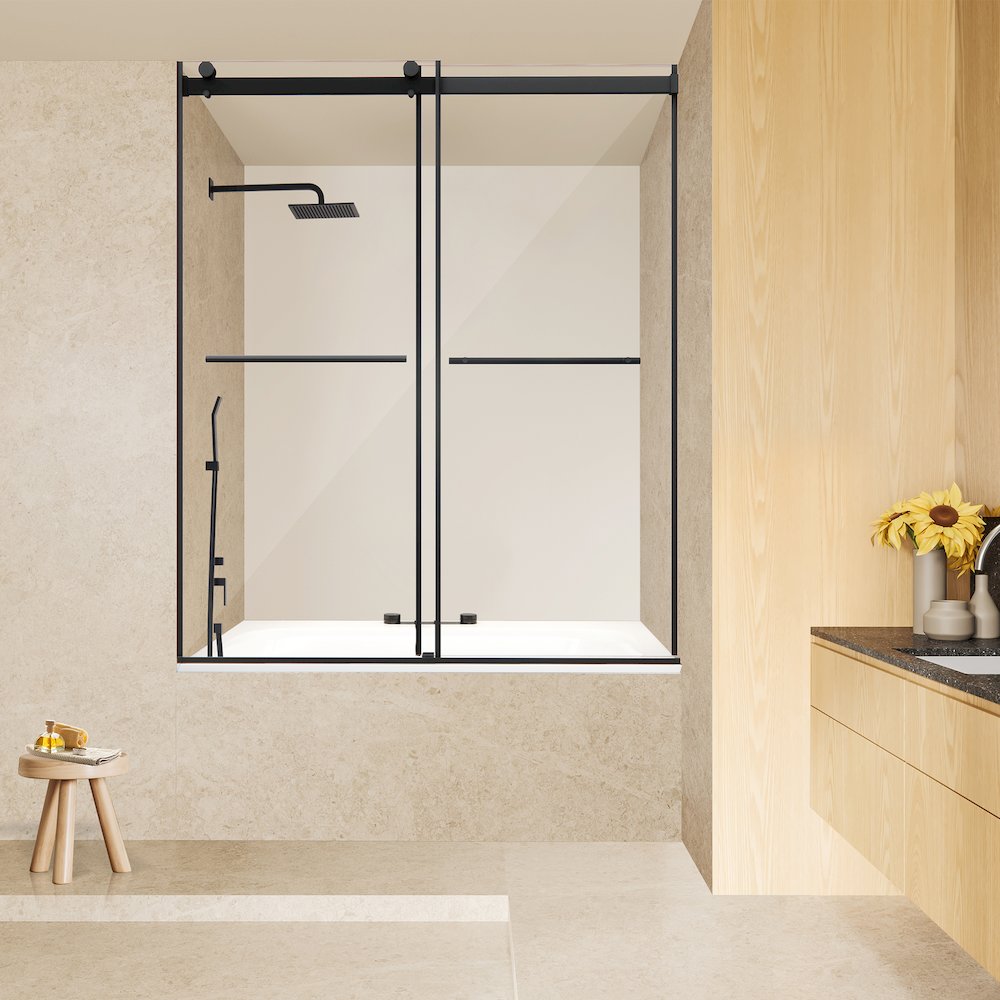 Frameless Exposed Roller Tub Door in Matte Black with Clear Glass. Picture 6