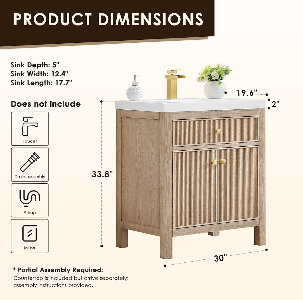 Cerrito 30" Single Bathroom Vanity in Natural Oak. Picture 12