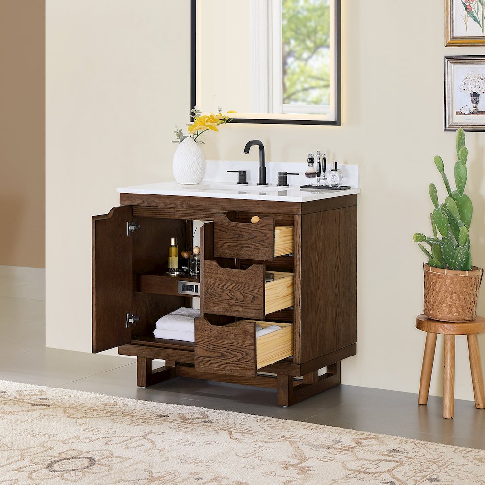 36" Single Bathroom Vanity in Brown Brushed Oak with Grain White. Picture 4