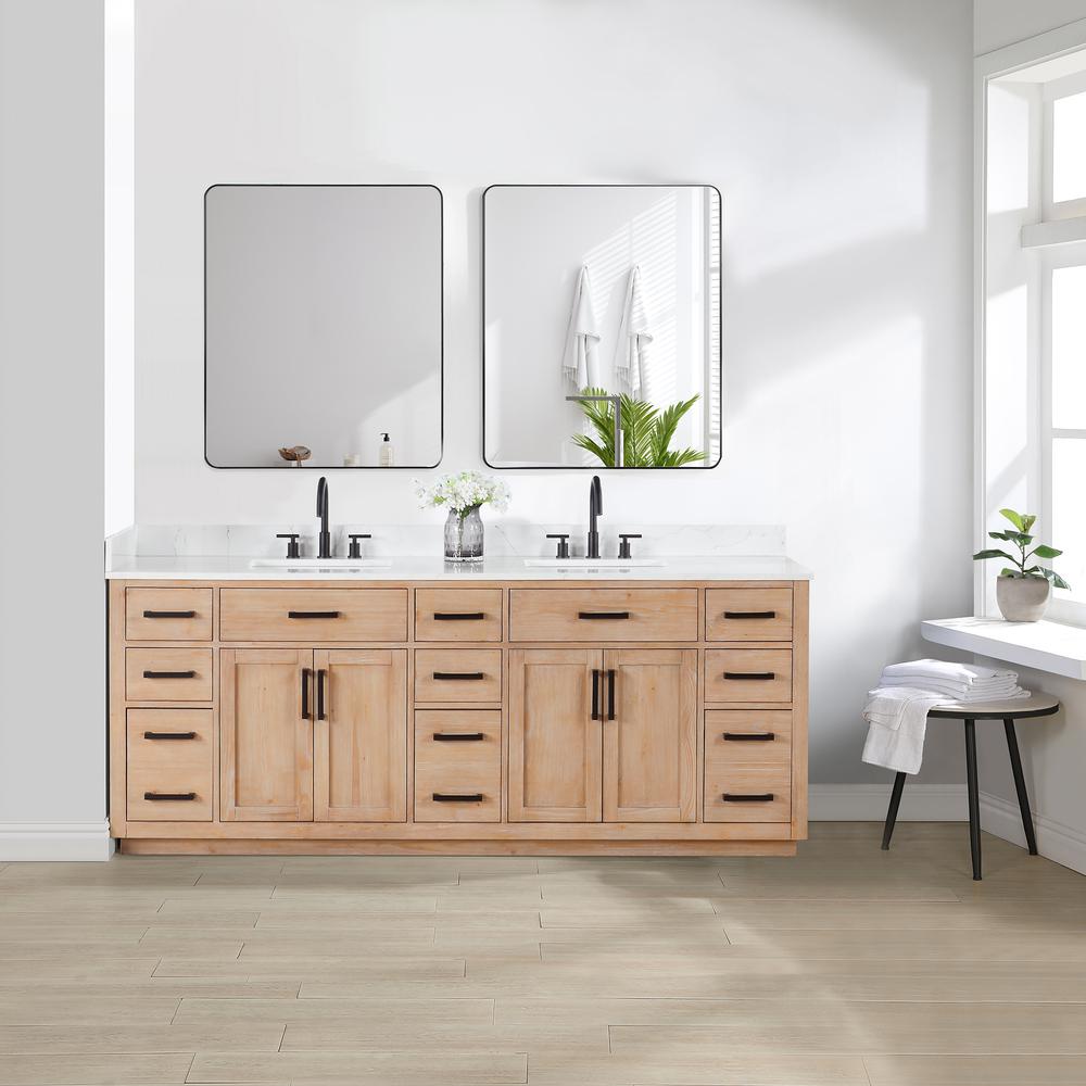 84" Double Bathroom Vanity in Light Brown with Mirror. Picture 4