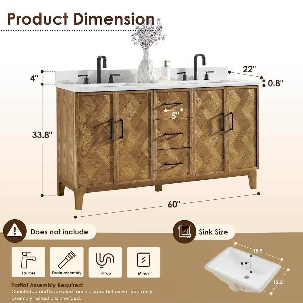 Clara 60" Double Bathroom Vanity in Weathered Brown. Picture 14