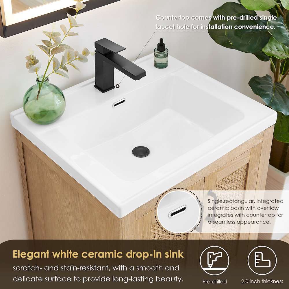Single Bathroom Vanity in Light Brown White Ceramic Drop-in Sink. Picture 7