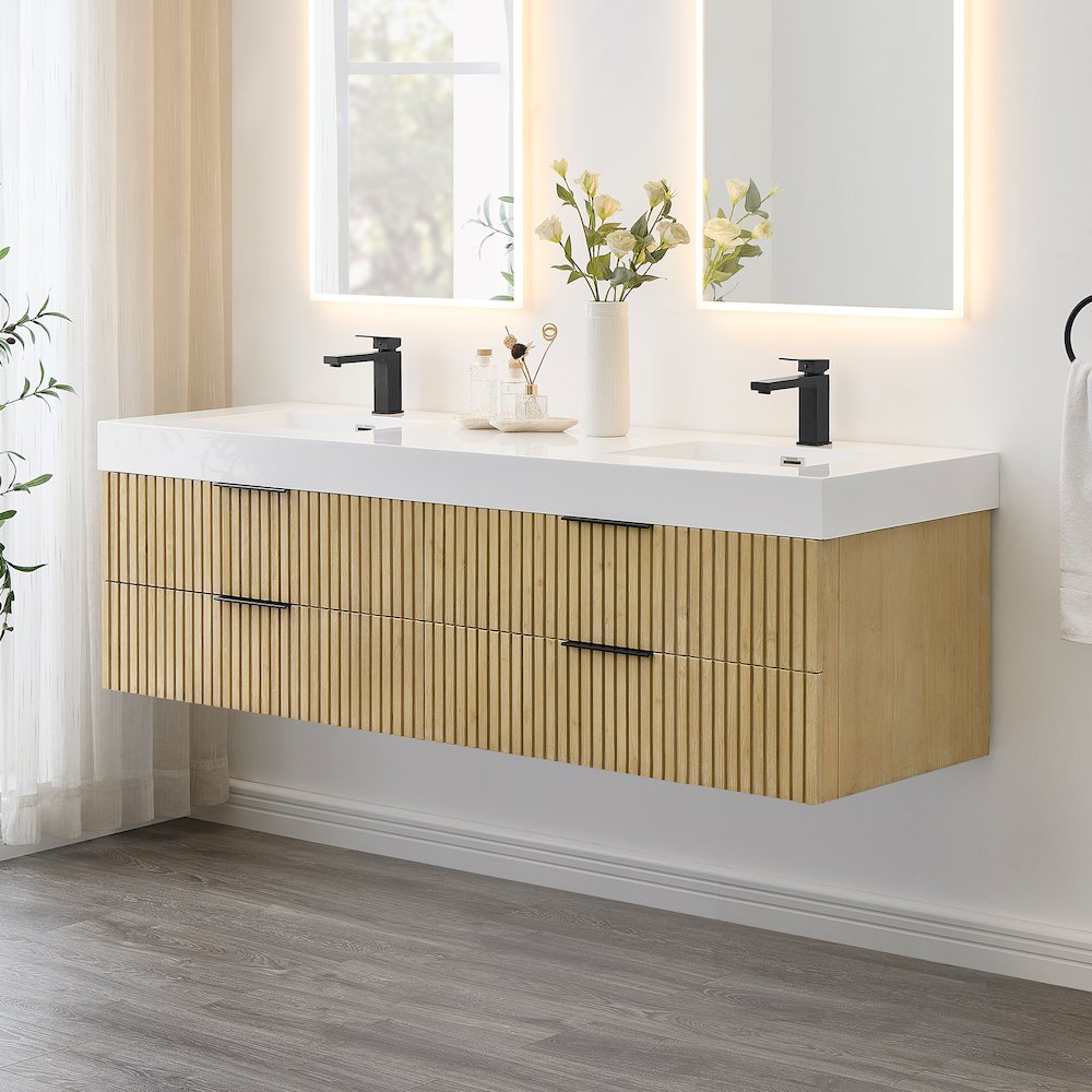 Double Bathroom Vanity in Nature Brown White Artificial Drop-in Sink. Picture 3