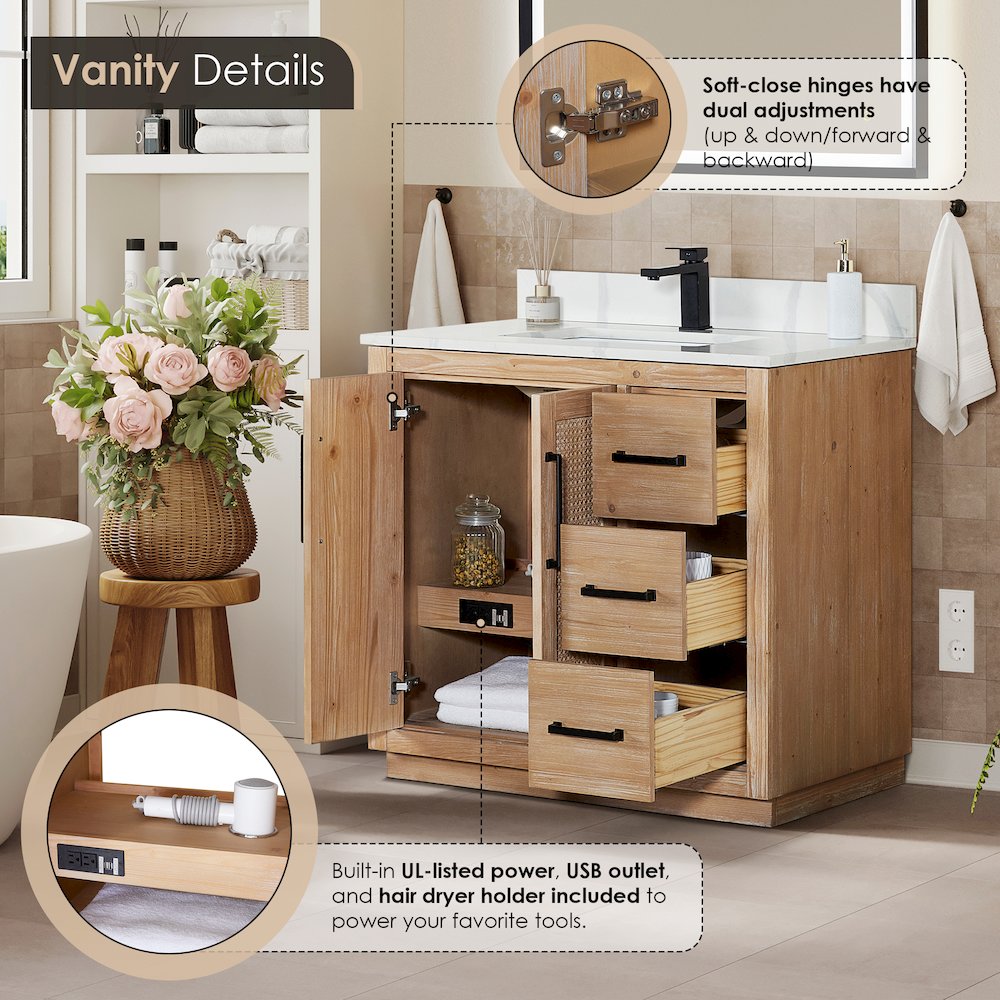 36" Single Bathroom Vanity with Calacatta White Quartz Countertop without Mirror. Picture 9