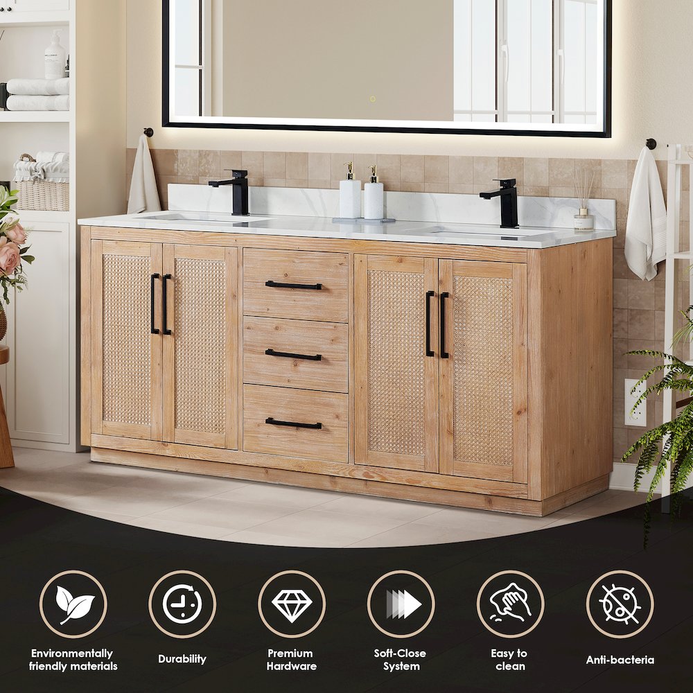 72" Double Bathroom Vanity with Calacatta White Quartz Countertop with Mirror. Picture 5