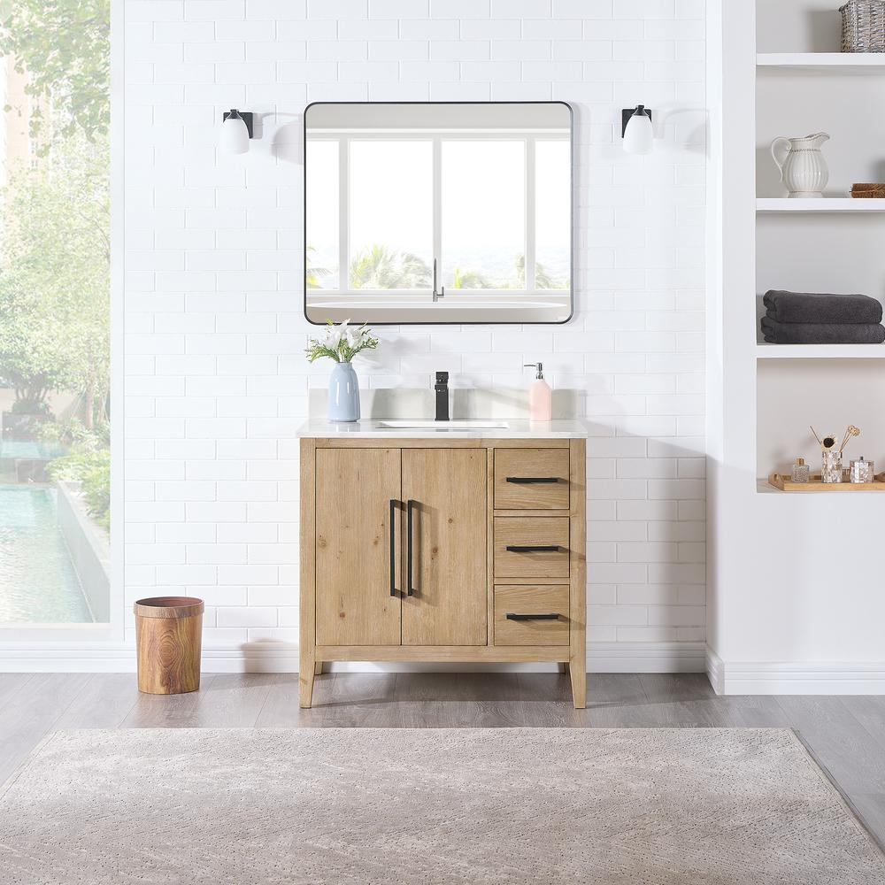Single Bathroom Vanity in Weathered Fir with Stone Countertop with Mirror. Picture 2