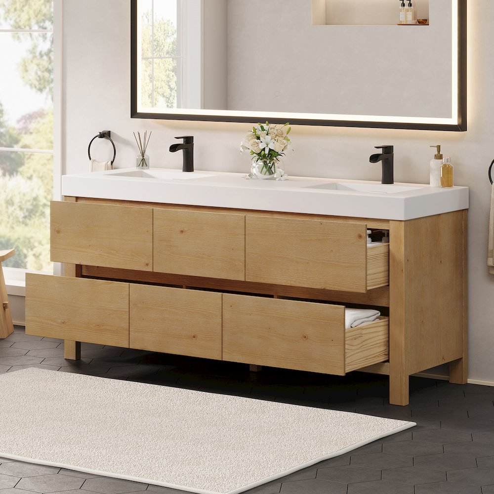 72" Double Bathroom Vanity in with White Artificial Stone Integrated Sink. Picture 4