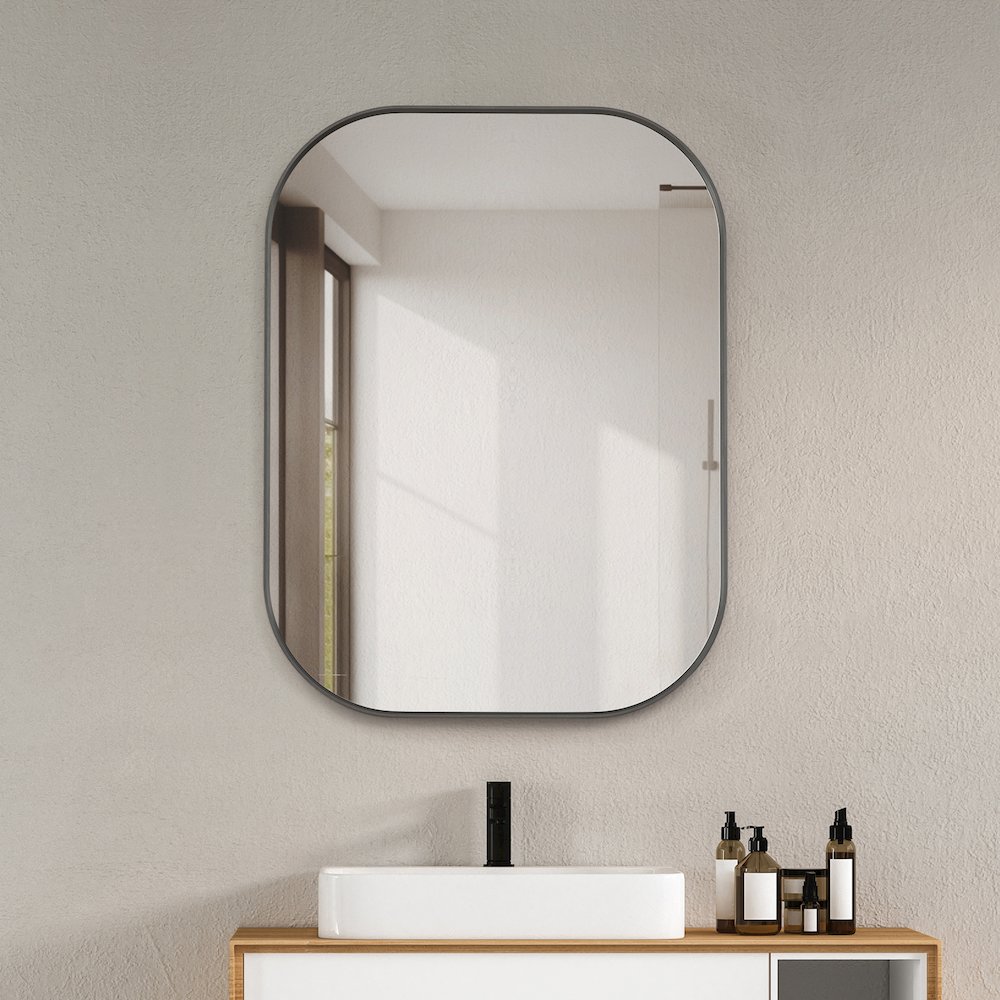 24x32" Rectangular Aluminum Framed in Gunmetal Modern Bathroom Wall Mirror. Picture 4