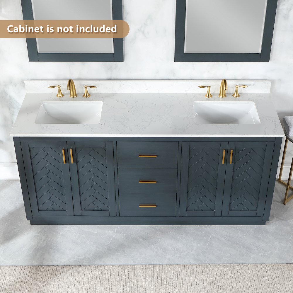 Ceres 73. in Engineered Stone Vanity Top in Grain White with Double White Sink. Picture 4