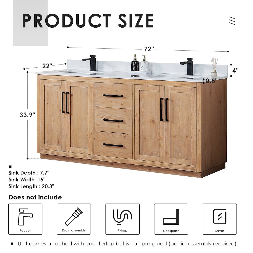72" Double Bathroom Vanity with Grain White Countertop without Mirror. Picture 10