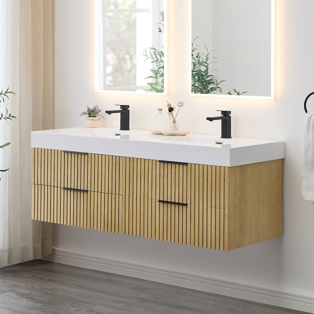 Double Bathroom Vanity in Nature Brown White Artificial Drop-in Sink. Picture 3