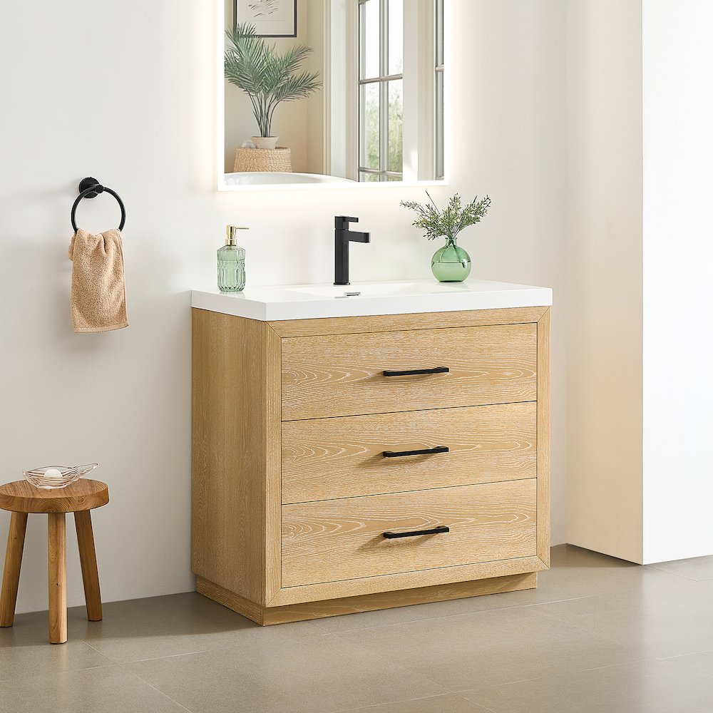 36" Single Bathroom Vanity in White Oak with White Artificial Drop-in Sink. Picture 3