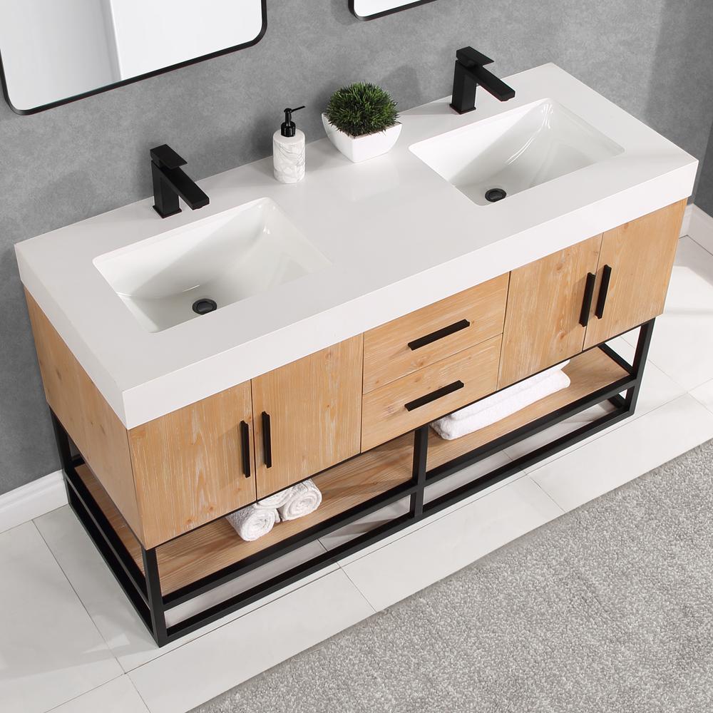 60" Double Bathroom Vanity in Light Brown awithout Mirror. Picture 4