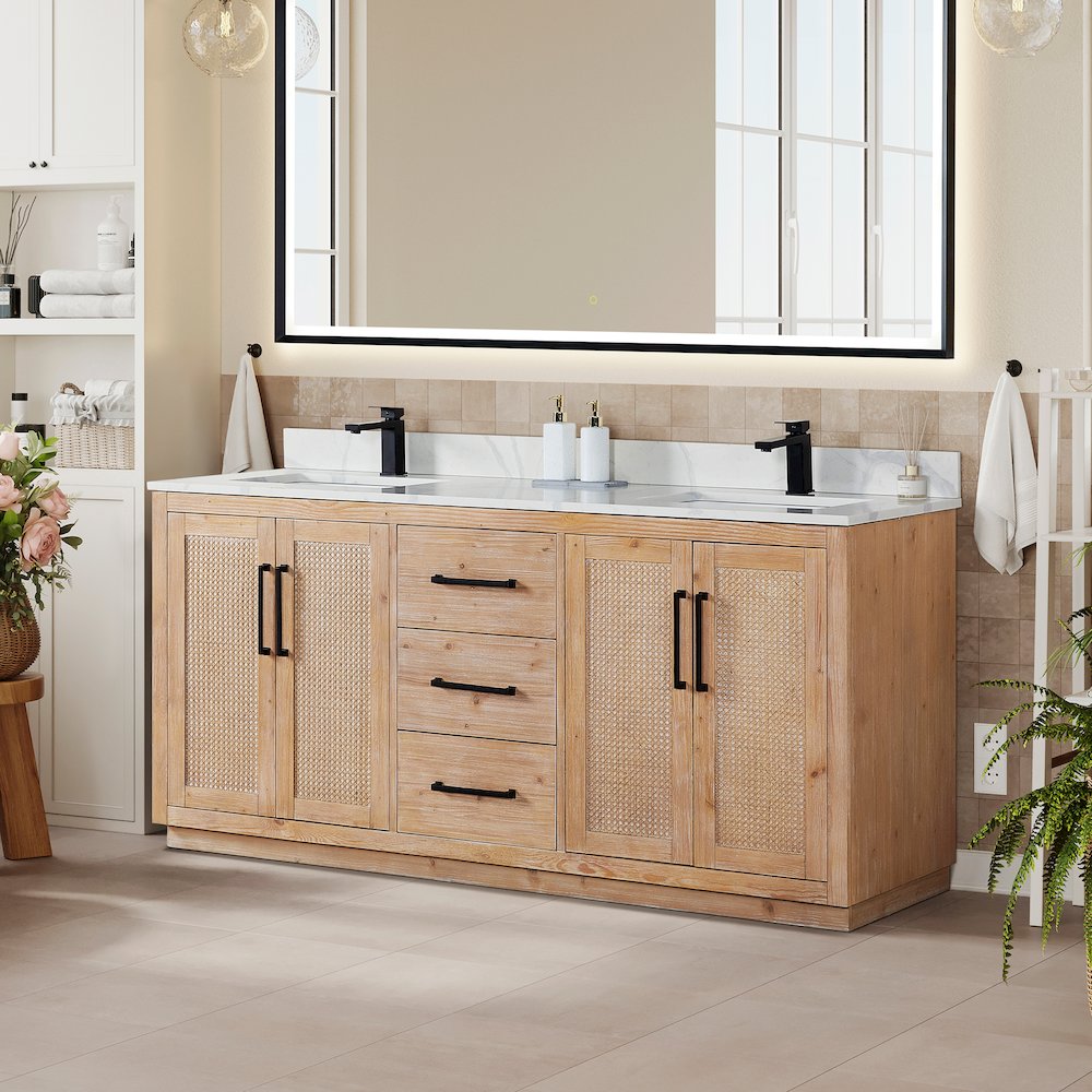72" Double Bathroom Vanity with Calacatta White Quartz Countertop without Mirror. Picture 3
