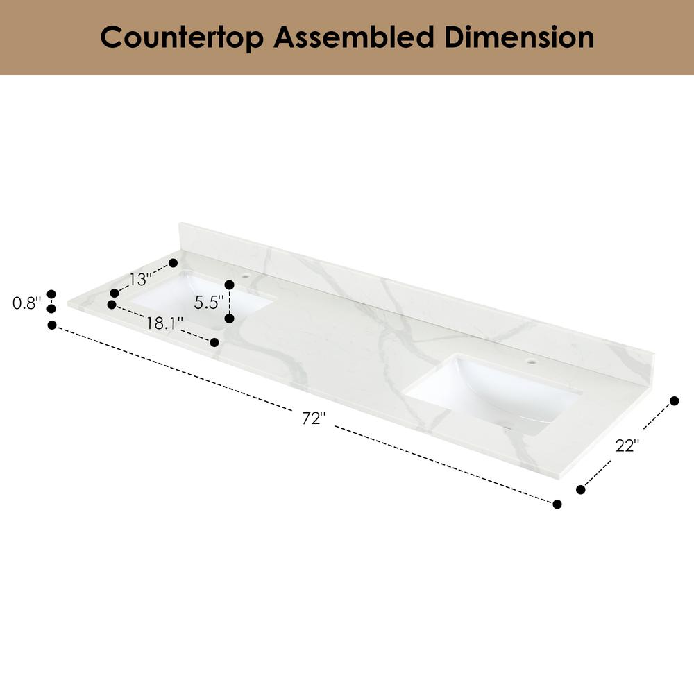 Arbios 72. in Quartz Stone Vanity Top in Calacatta White with White Sink. Picture 7