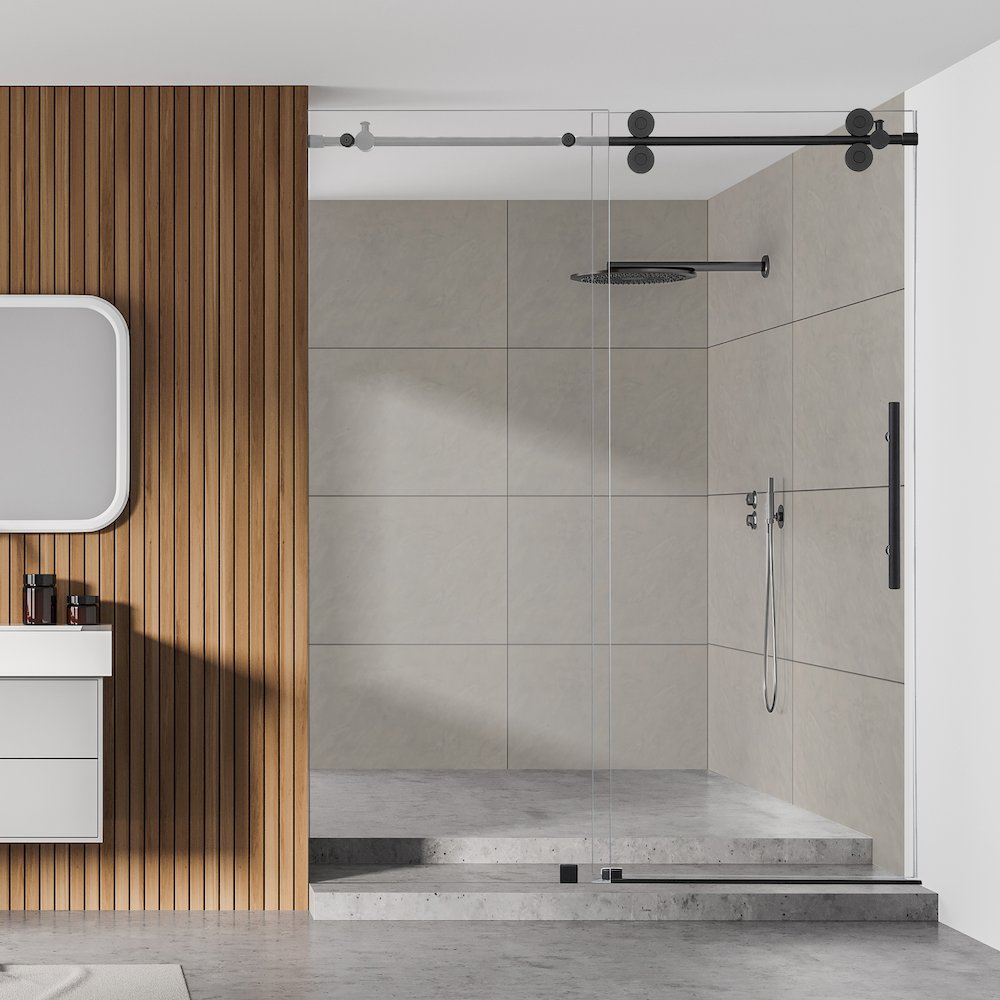 Single Sliding Frameless Shower Door in Matte Black with Clear Glass. Picture 5