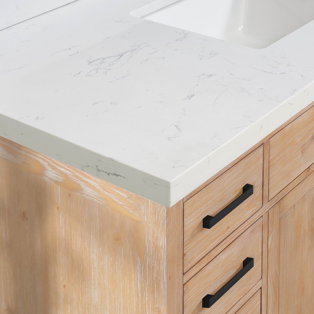 Oderzo 84. in Engineered Stone Vanity Top in Aosta White with White Sink. Picture 6