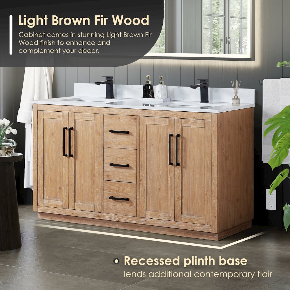 60" Double Bathroom Vanity with Grain White Countertop without Mirror. Picture 5