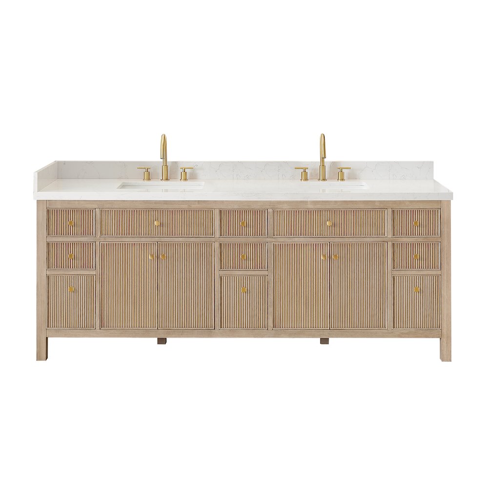 Double Bathroom Vanity in Nature Oak Grain White Engineered Stone Countertop. Picture 1