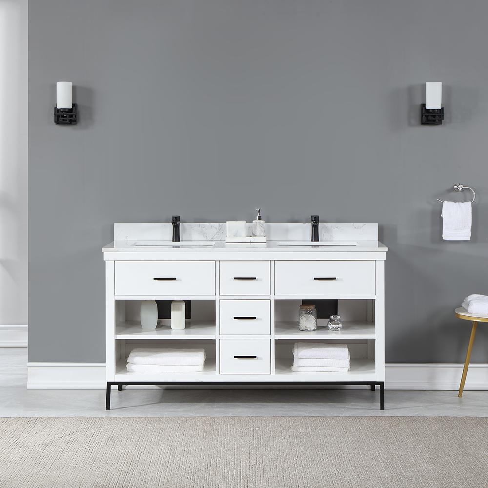 60" Double Bathroom Vanity Set in White without Mirror. Picture 3