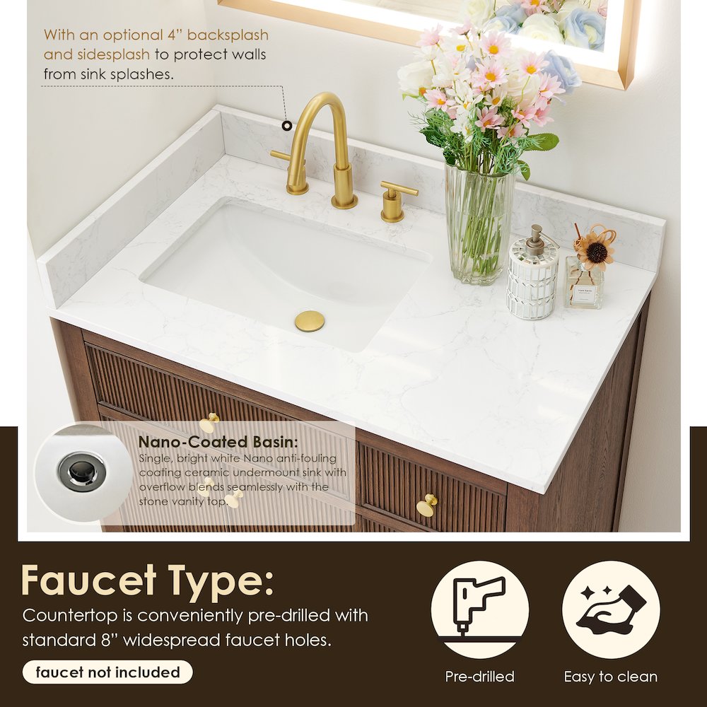 Single Bathroom Vanity in Brown Oak Grain White Engineered Stone Countertop. Picture 6