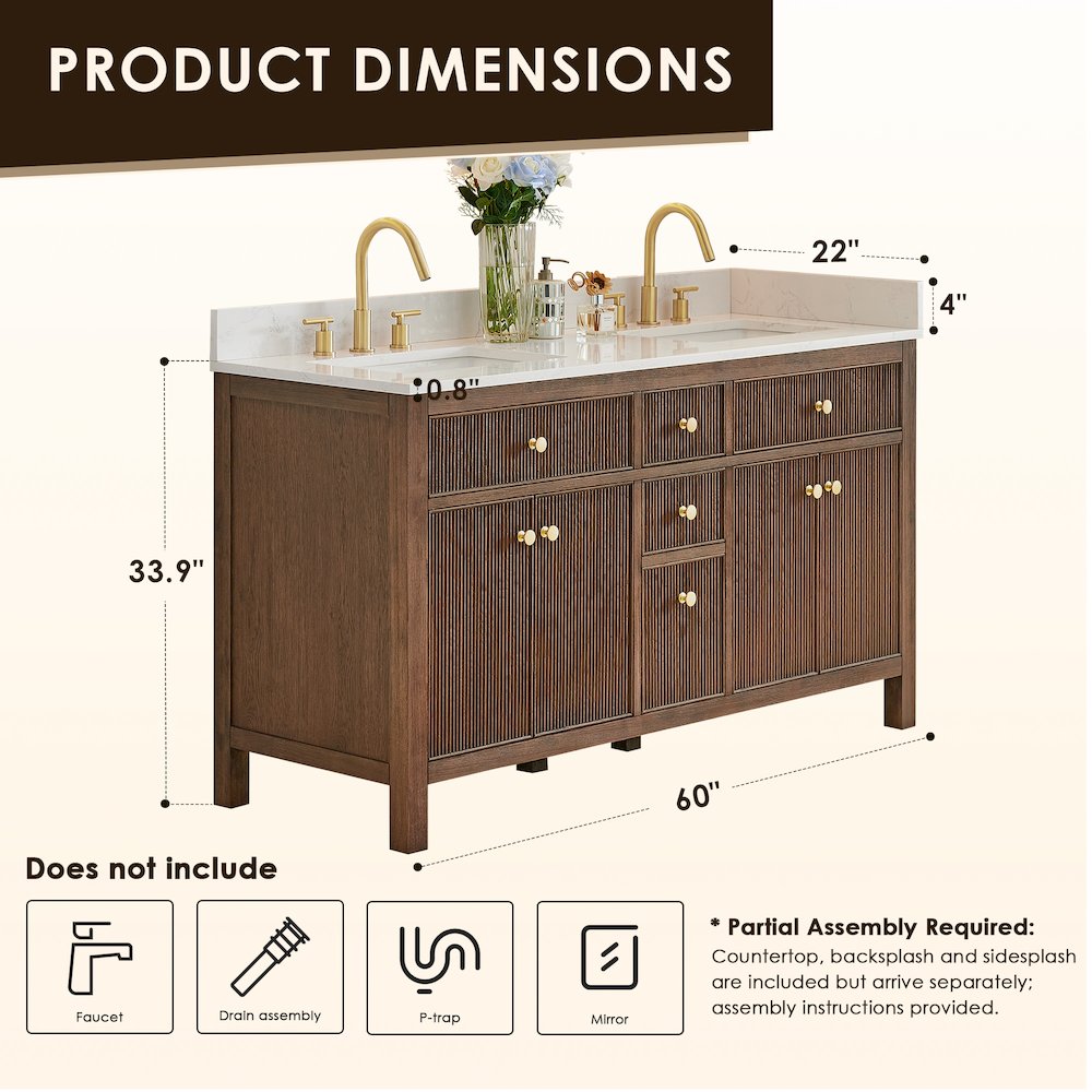 Double Bathroom Vanity in Brown Oak Grain White Engineered Stone Countertop. Picture 11