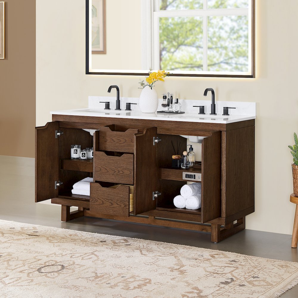 60" Double Bathroom Vanity in Brown Brushed Oak with Grain White. Picture 4