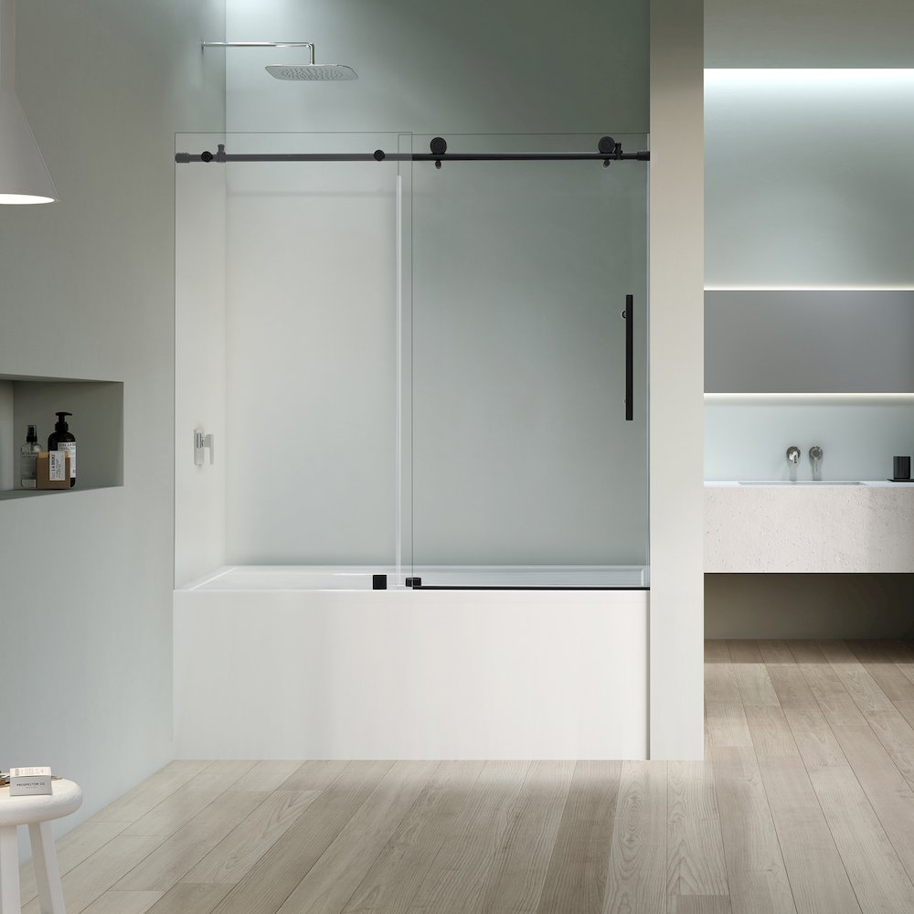 Single Sliding Frameless Tub Door in Matte Black with Clear Glass. Picture 3