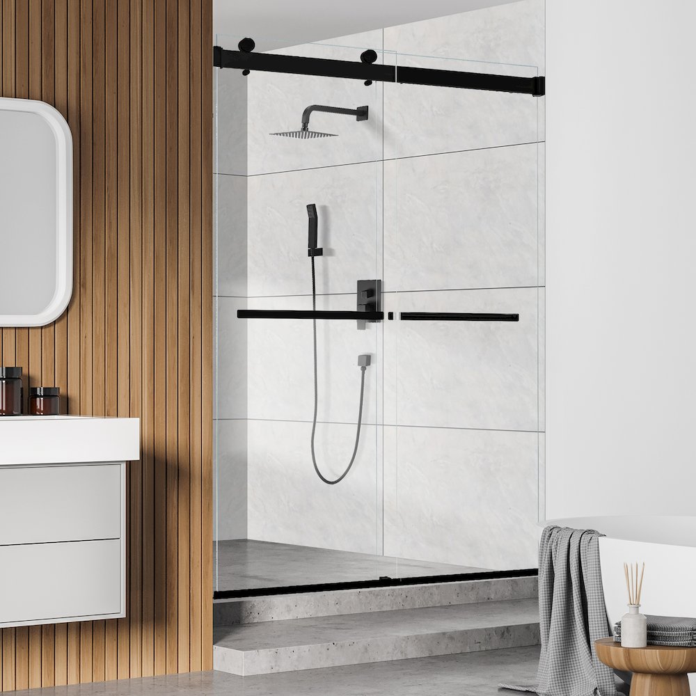 By Pass Frameless Shower Door in Matte Black with Clear Glass. Picture 6