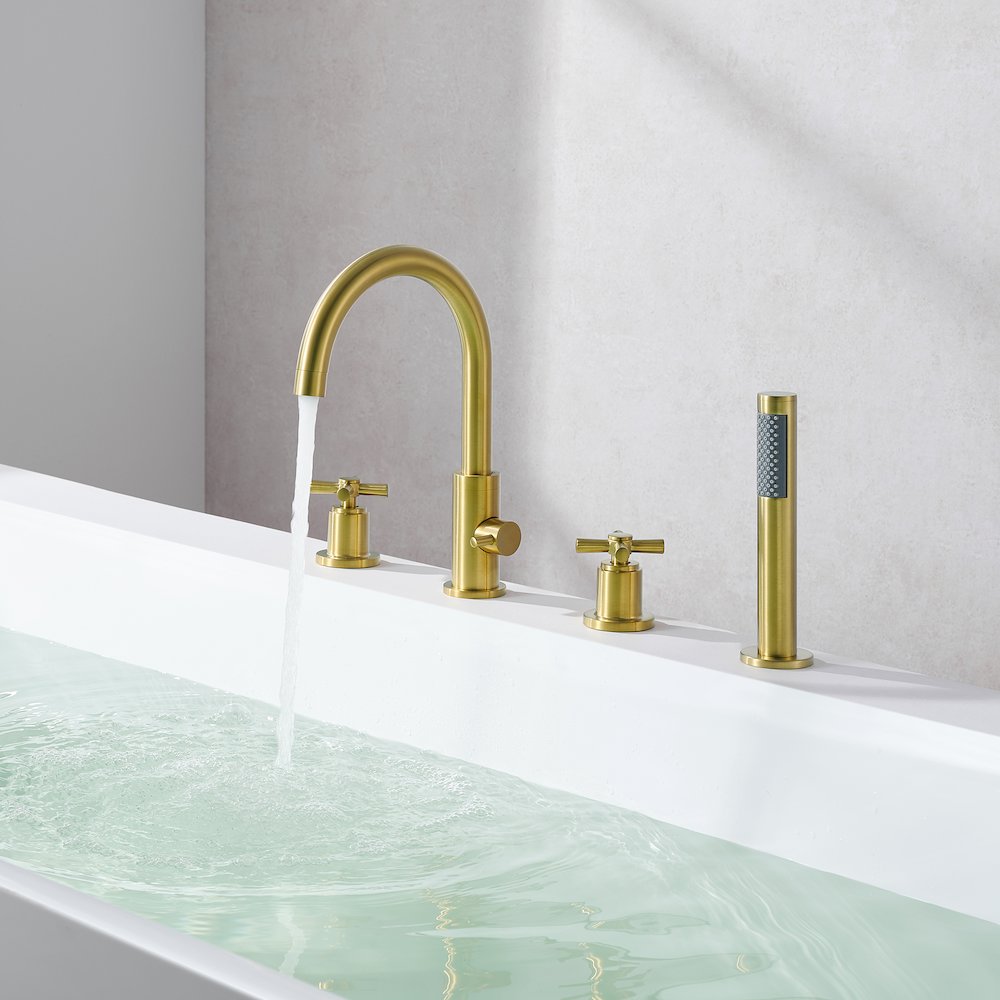 Cross Handles Deck-Mount Roman Tub Faucet in Brushed Gold with Handshower. Picture 3
