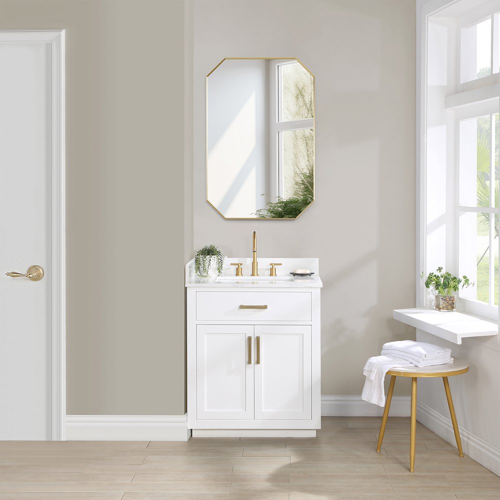 24"x36" Octagon Aluminum Framed in Brushed Gold Modern Bathroom Wall Mirror. Picture 17