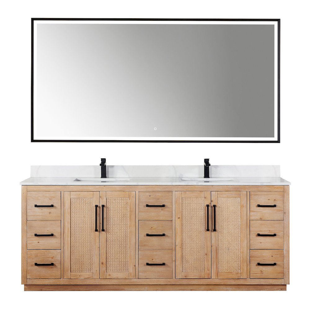 84" Double Bathroom Vanity with Calacatta White Quartz Countertop with Mirror. Picture 1