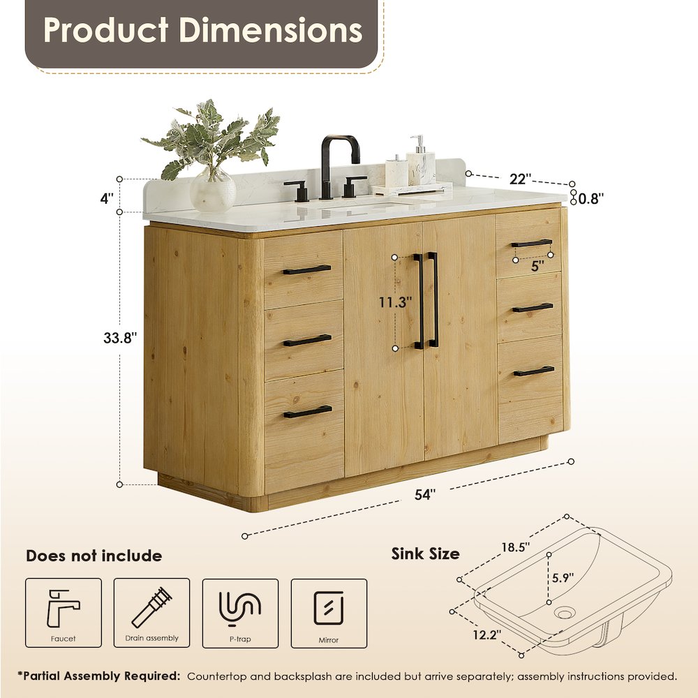 54" Single Bathroom Vanity in Nature Brown with Grain White. Picture 12