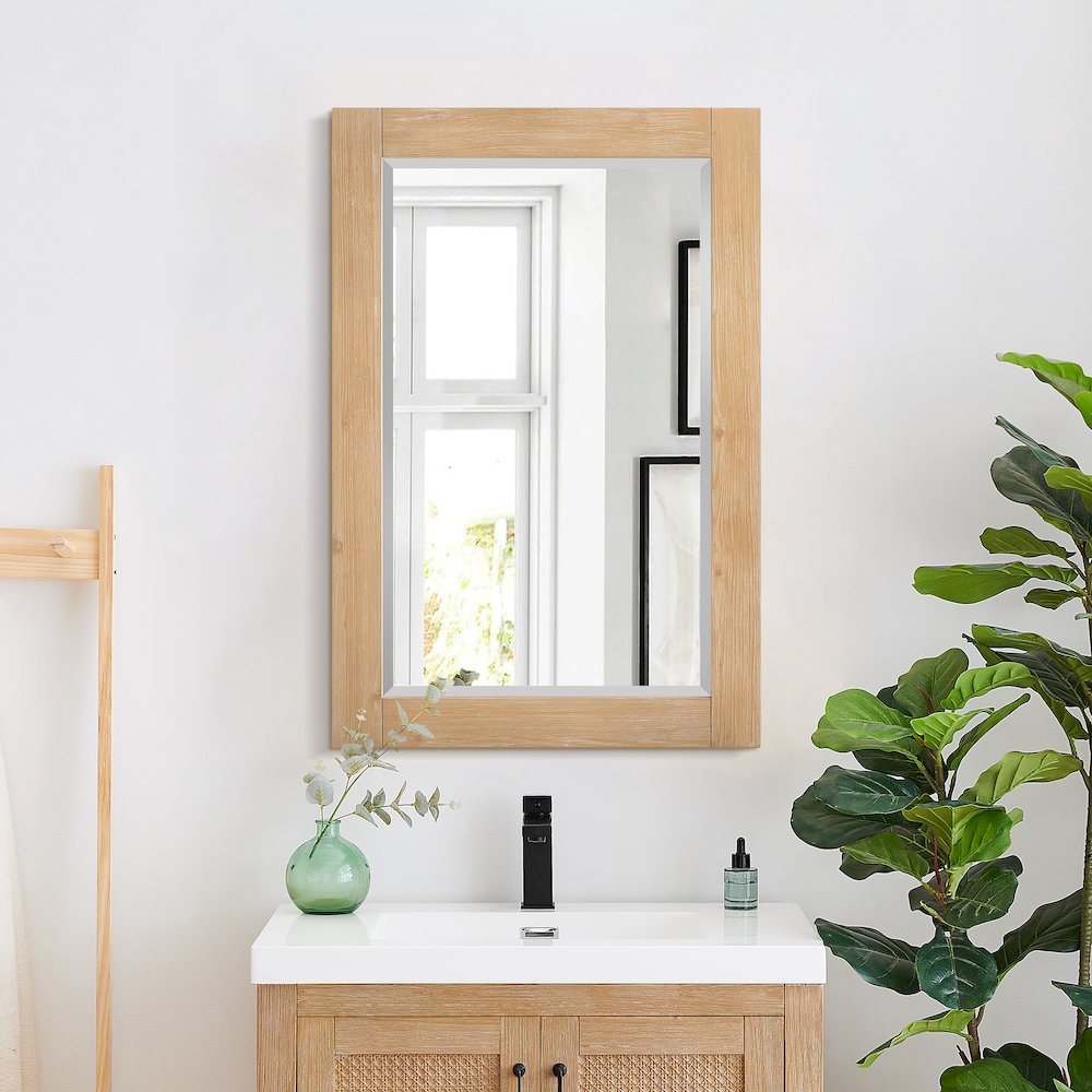 24" Rectangular Bathroom Wood Framed Wall Mirror in Light Brown. Picture 5
