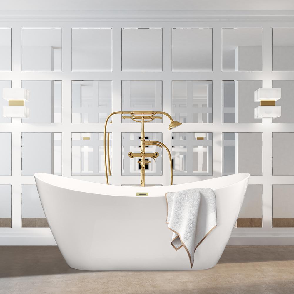 Vansza 67" x 32" Flatbottom Freestanding Acrylic Soaking Bathtub in Glossy White. Picture 13