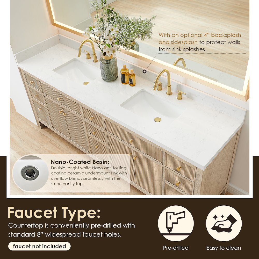 Double Bathroom Vanity in Nature Oak Grain White Engineered Stone Countertop. Picture 7